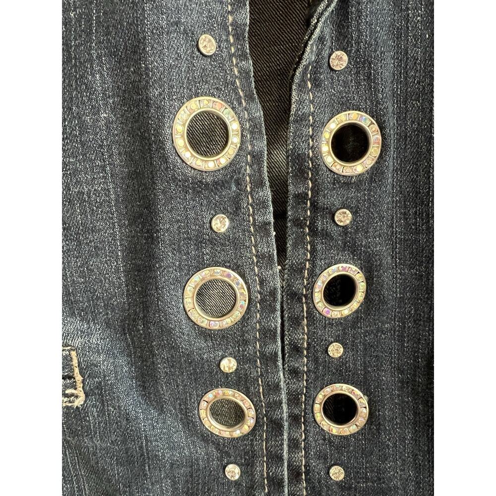 ETHYL Vintage Y2K Blk Net Embroidered Rhinestone Fitted Denim Jean Jacket Sz M - Picture 6 of 12